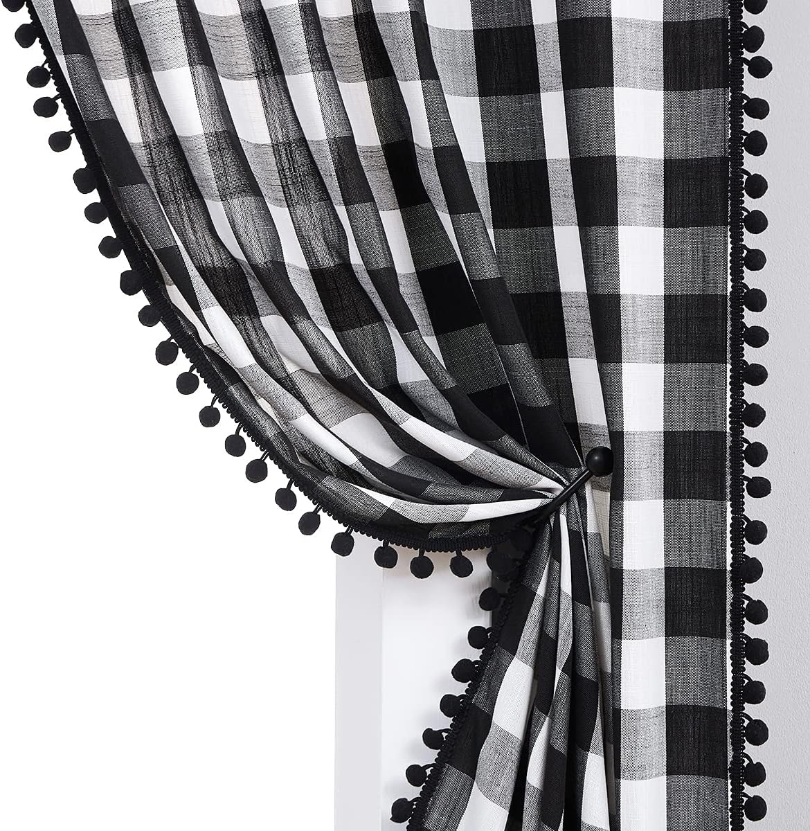 Check Curtains with Pom Pom Border for Rustic Farmhouse Style