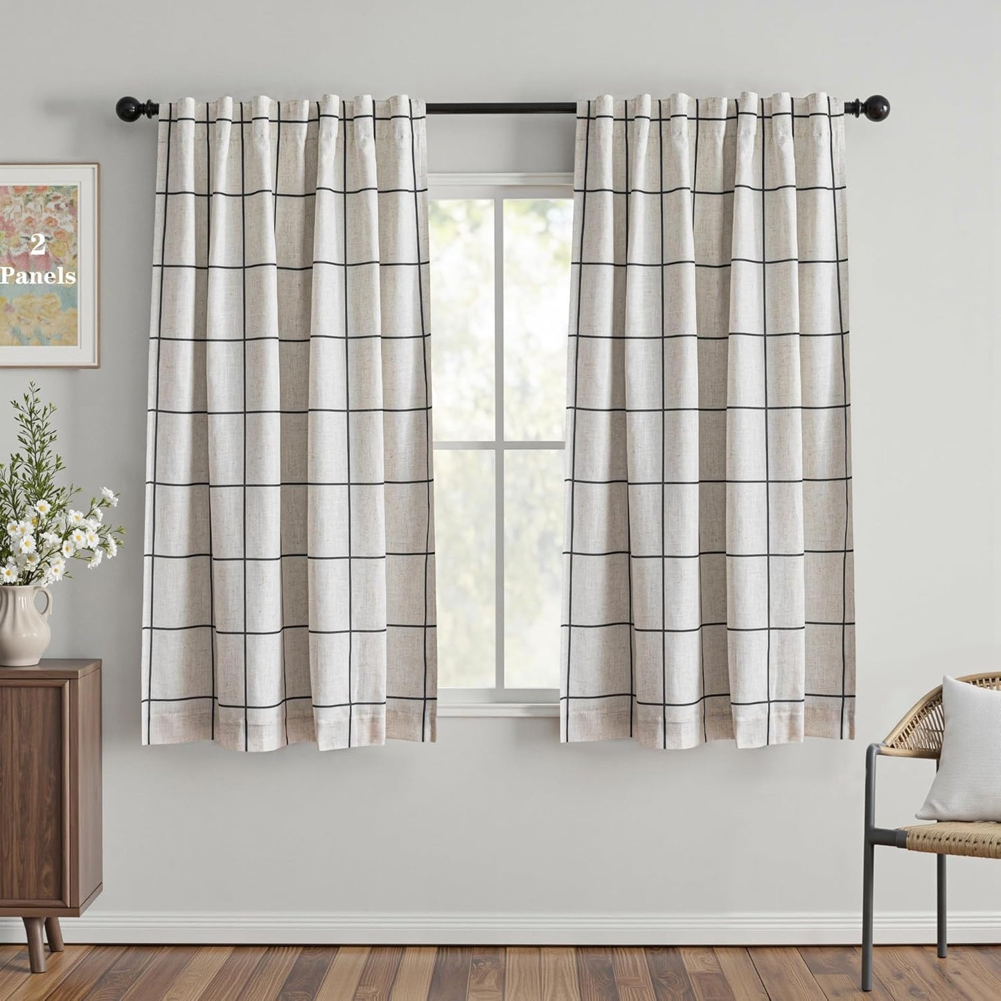 100% Blackout Plaid Linen Curtains for Bedroom Living Room