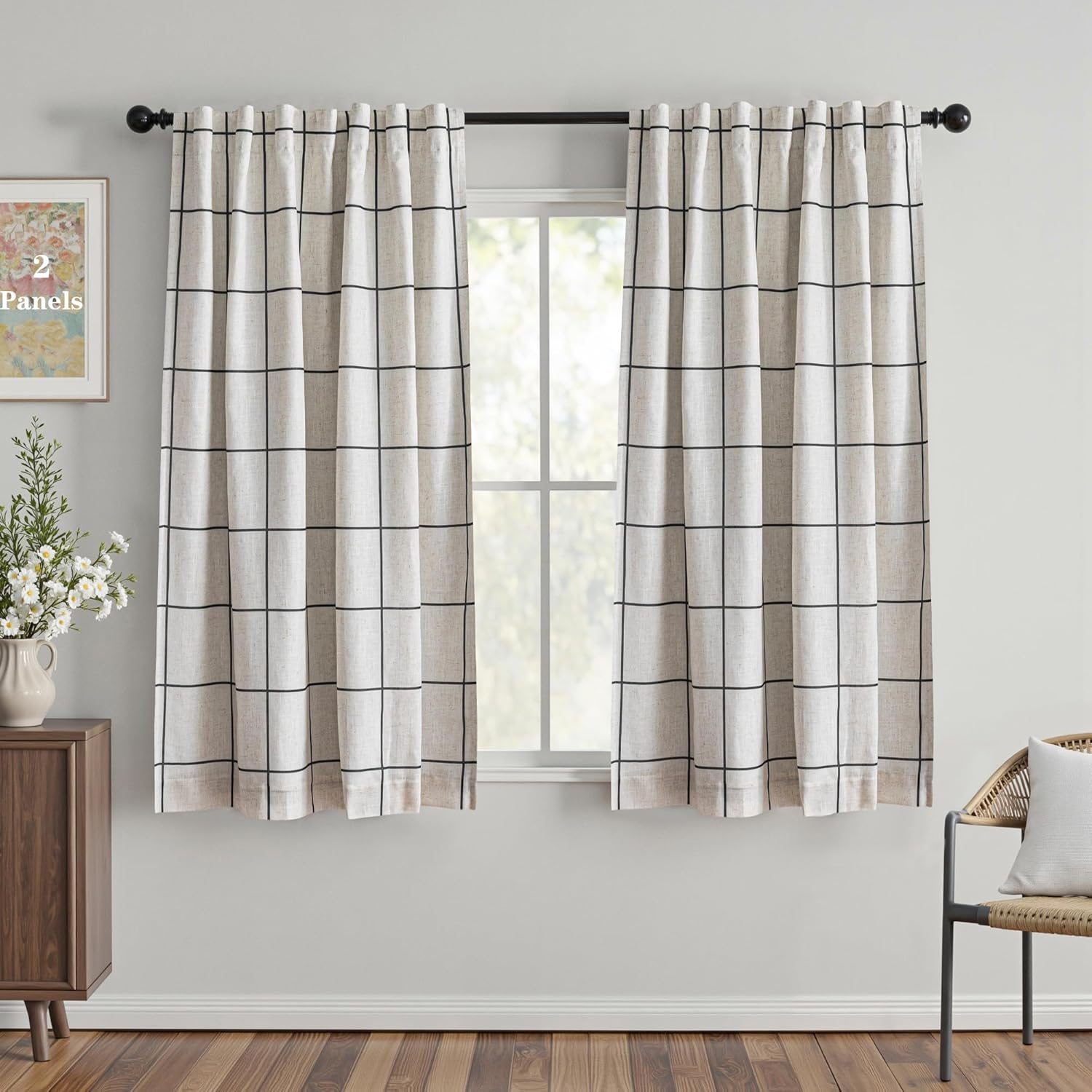 100% Blackout Plaid Linen Curtains for Bedroom Living Room