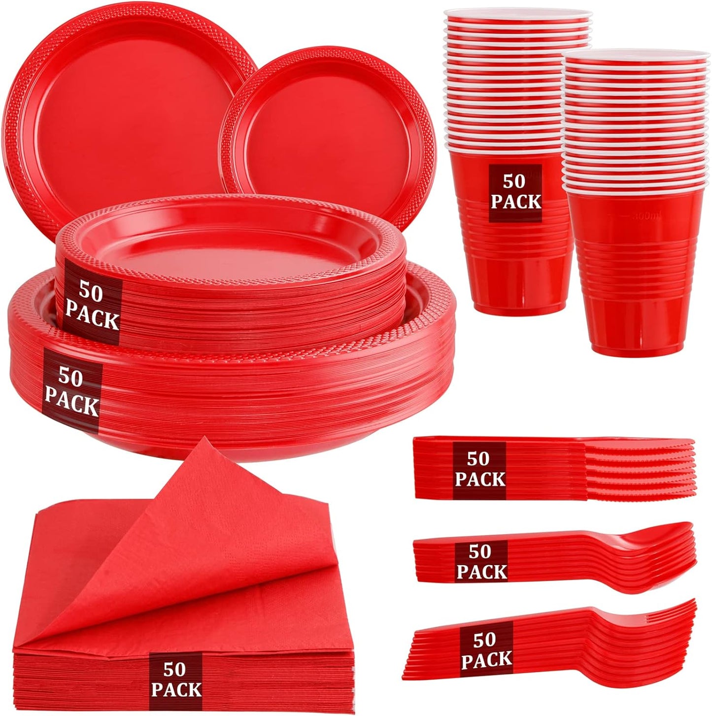 MirthMood 350PCS Red Disposable Plastic Plates for Parties