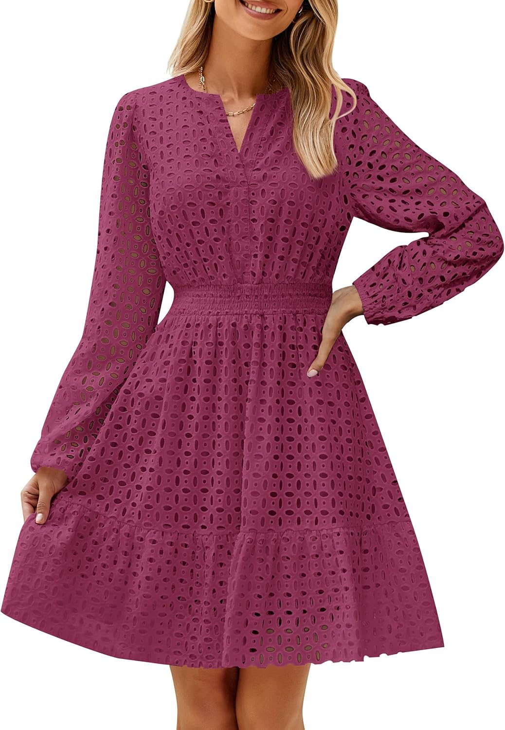 ZESICA Women's Long Sleeve Mini Dress with Eyelet Embroidery