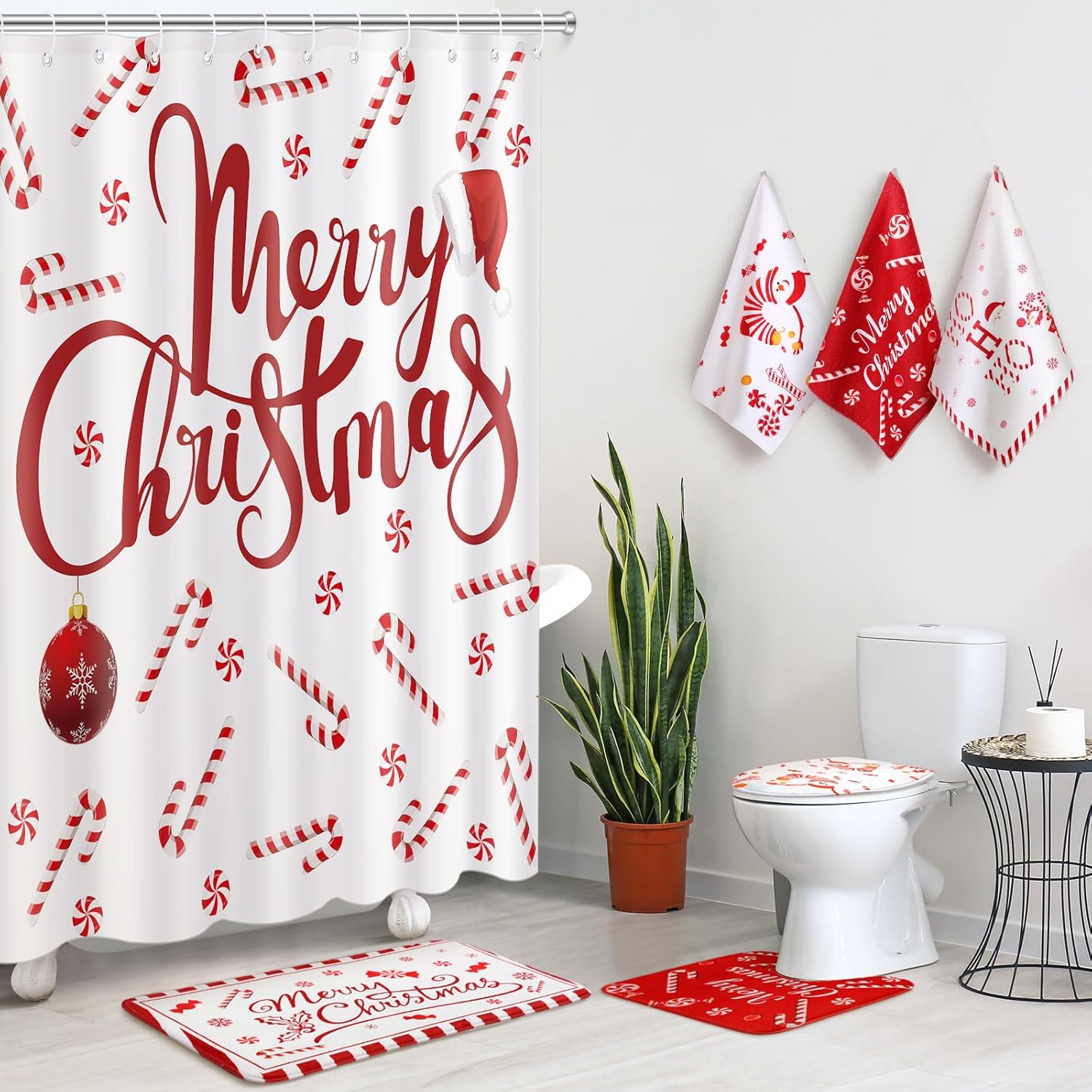 Christmas Candy Theme Bathroom Set with Shower Curtain and Rugs