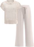 Women Two Piece Crochet Sheer Knit Sweater Top and Wide Leg Pants