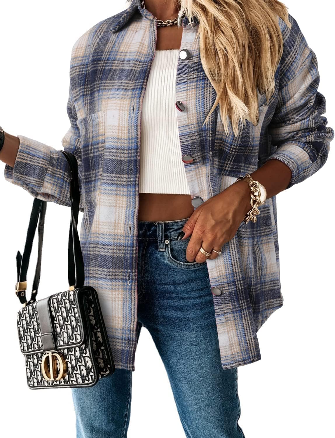 Trendy Women Plaid Shirt Button Down Flannel Shacket 2025