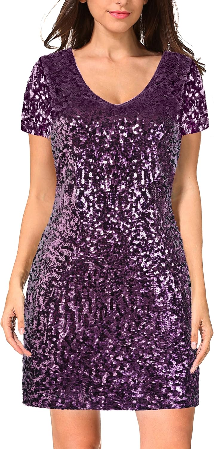 MANER Women's Sequin Glitter Short Sleeve Dress for Parties