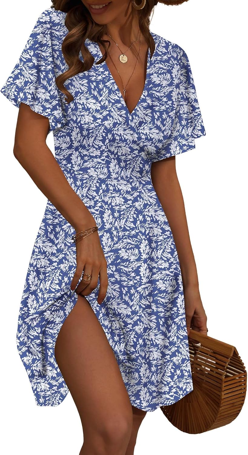 FENSACE Womens Sundress Summer Floral Short Sleeve Wrap Dress