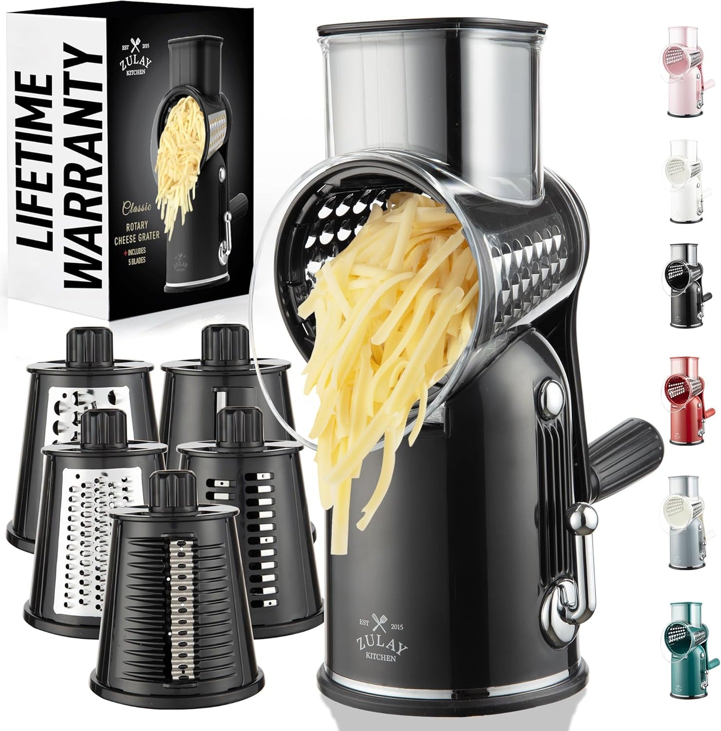 Zulay Kitchen Rotary Cheese Grater - 5 Blade Manual Shredder