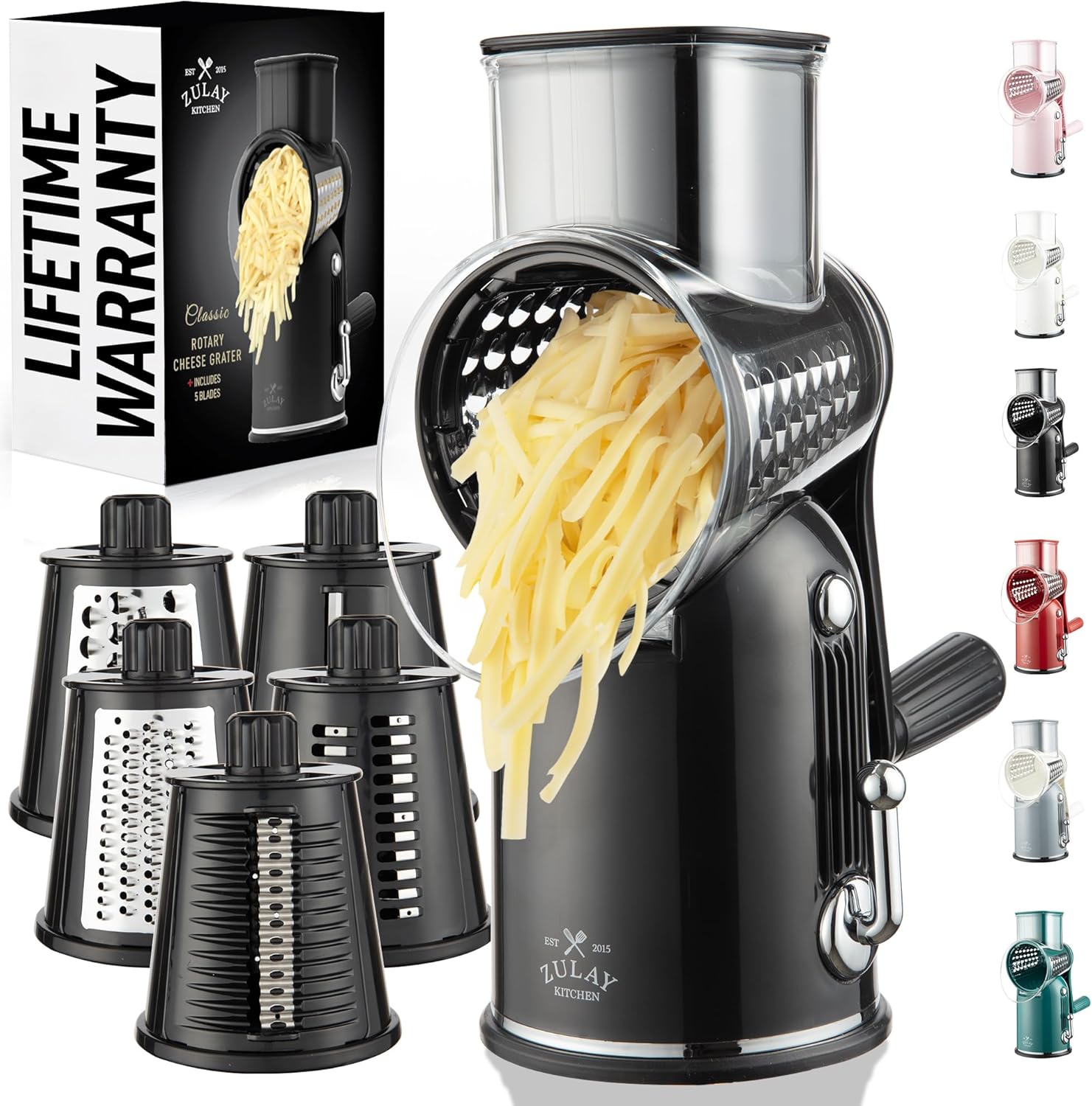 Zulay Kitchen Rotary Cheese Grater - 5 Blade Manual Shredder