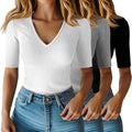 Riyiper Women's Half Sleeve Ribbed Cotton V Neck Top - Slim Fit As