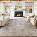 8x10 Washable Area Rug Beige Blue Abstract - Soft Low Pile Living Room