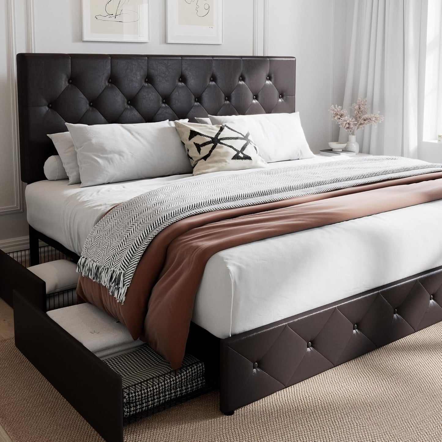 SHA CERLIN King Size Platform Bed Frame with Storage Drawers