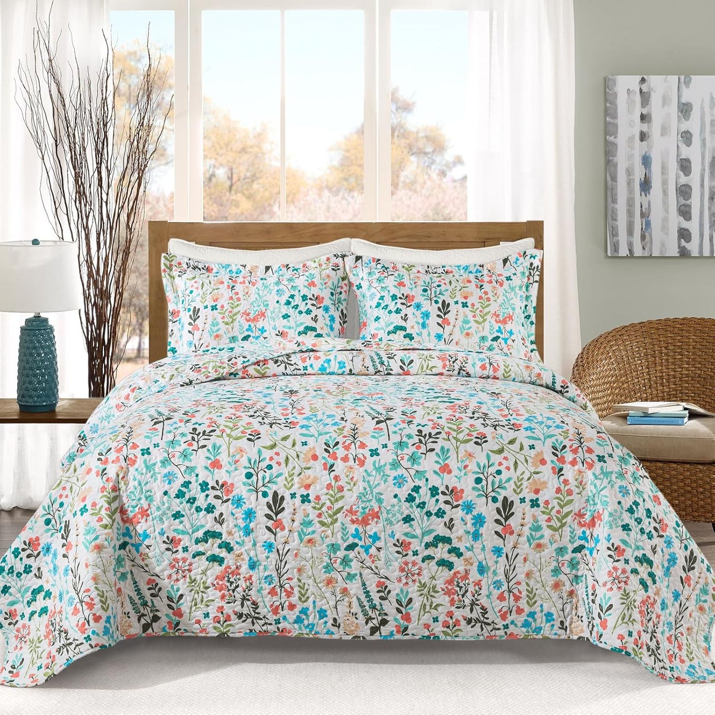VAPUTAR King Size Quilt Set with Botanical Floral Design