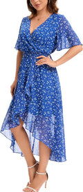 Womens Floral High Low V-Neck Maxi Dress - Flowy Elastic Waist