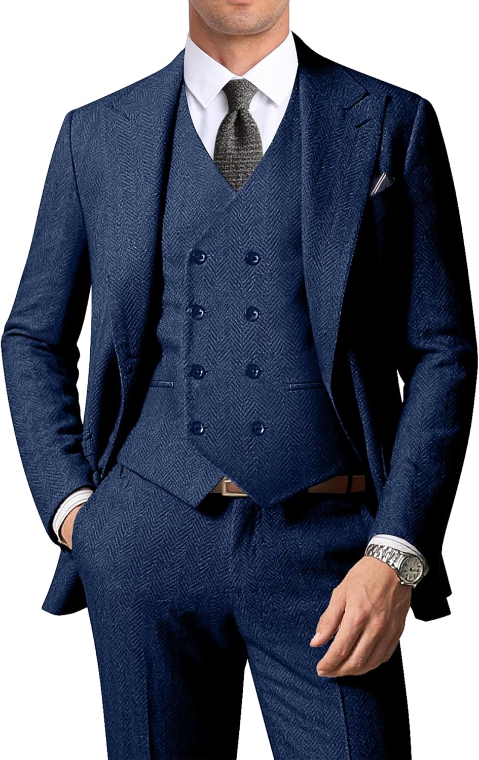 Men's Herringbone Tweed 3 Piece Suit Set for Weddings and Prom