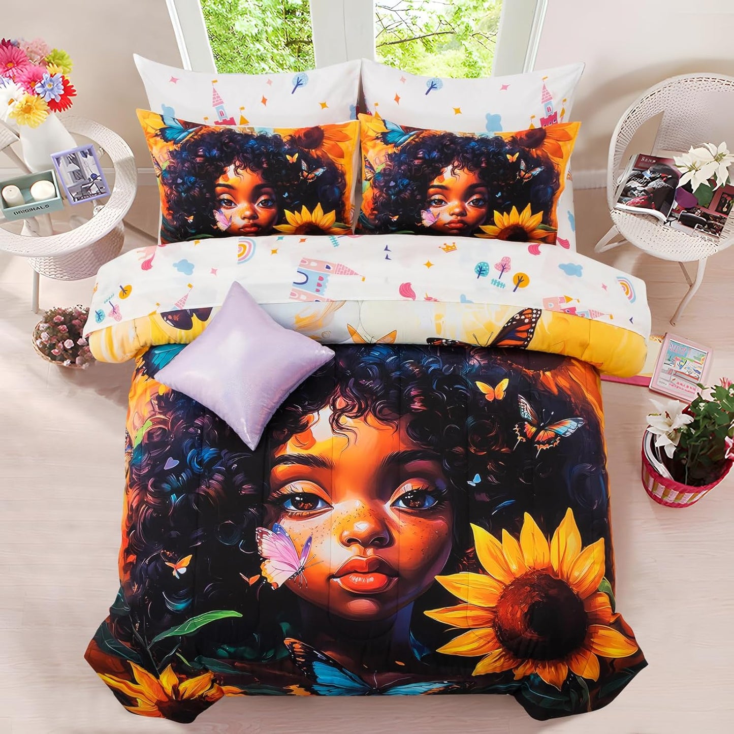 Comforter Set for Kids with Butterfly and Sunflower Design