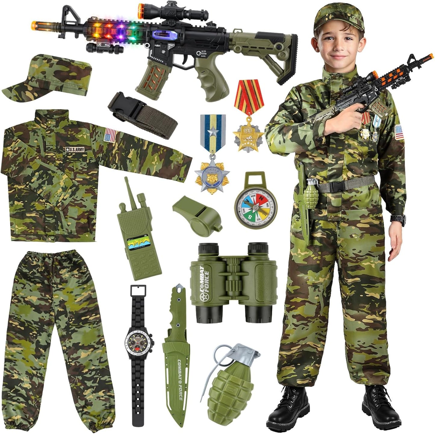 Kids Army Costume for Boys - Military Dress Up Set with Toys