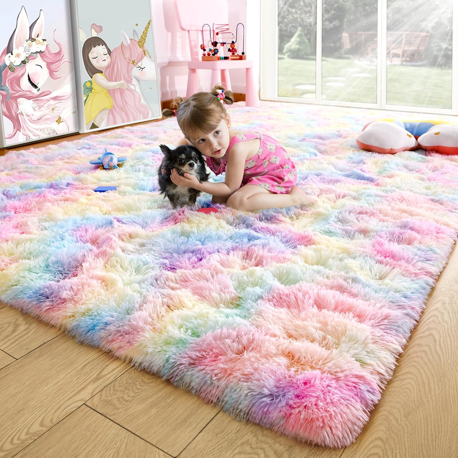 Fluffy Rainbow Rug for Girls Bedroom, Playroom, and Nursery