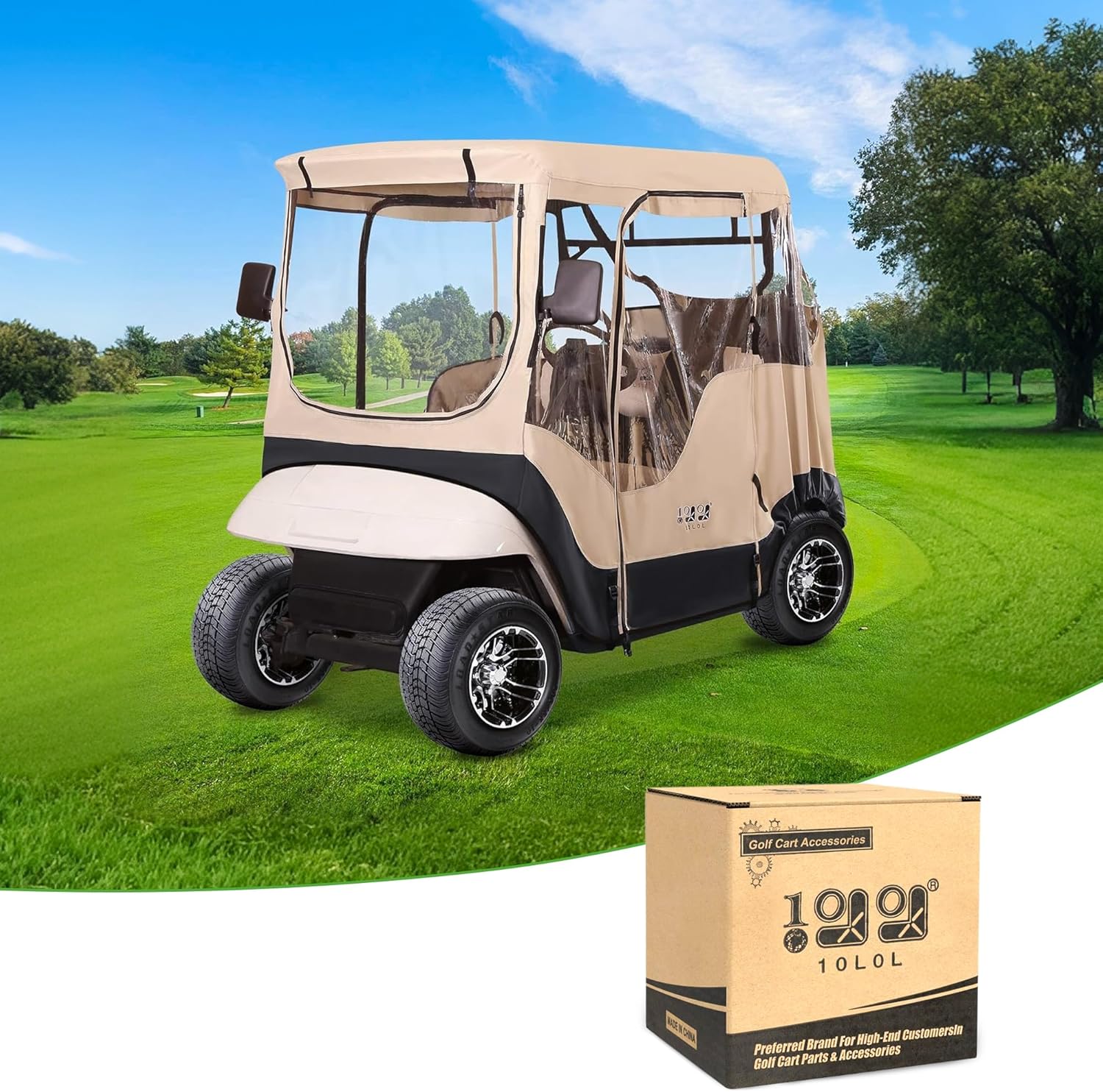 10L0L Golf Cart Enclosure for EZGO TXT and RXV Models - Black/Beige