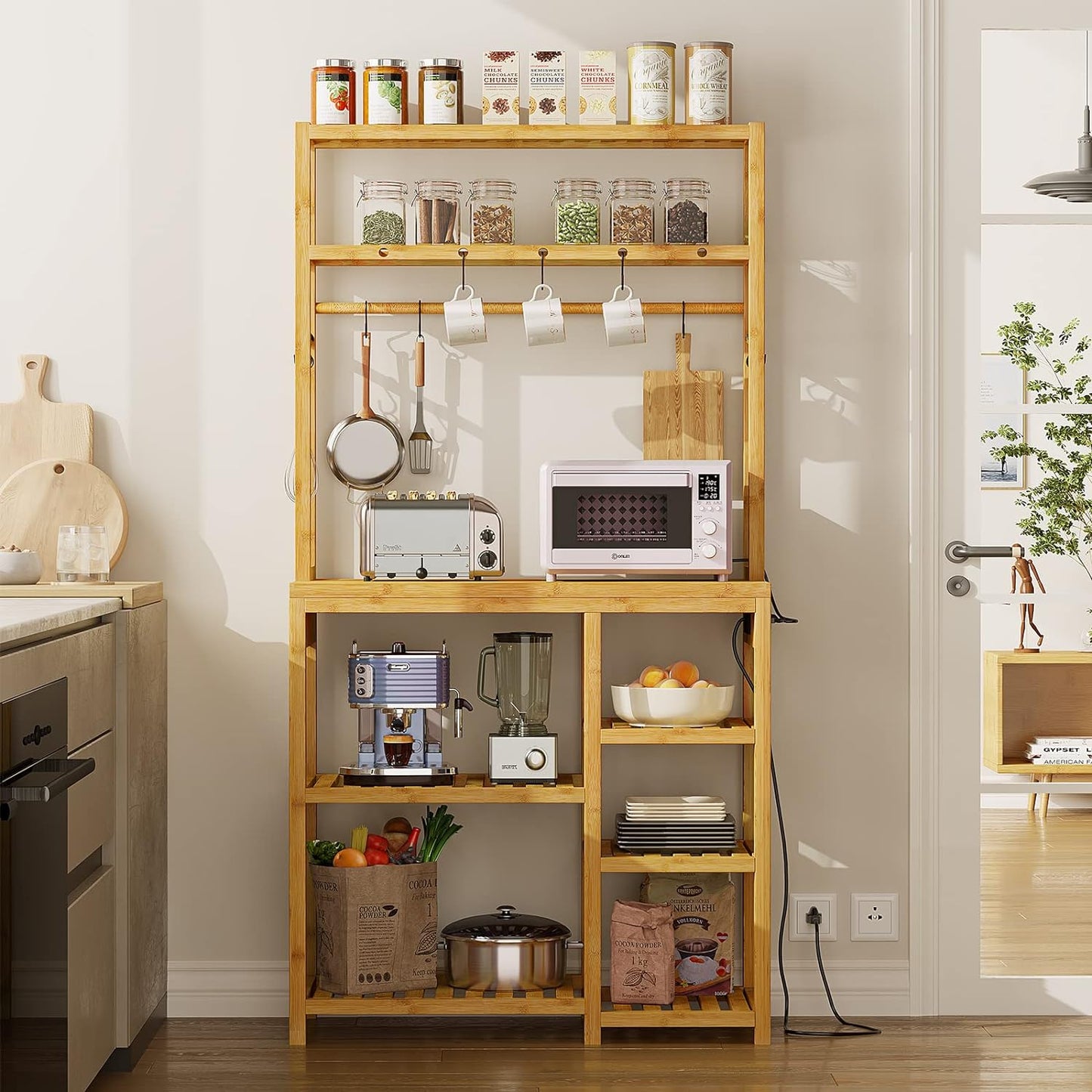7-in-1 Bamboo Kitchen Rack: Power Outlets, Utility Storage, Standing Table
