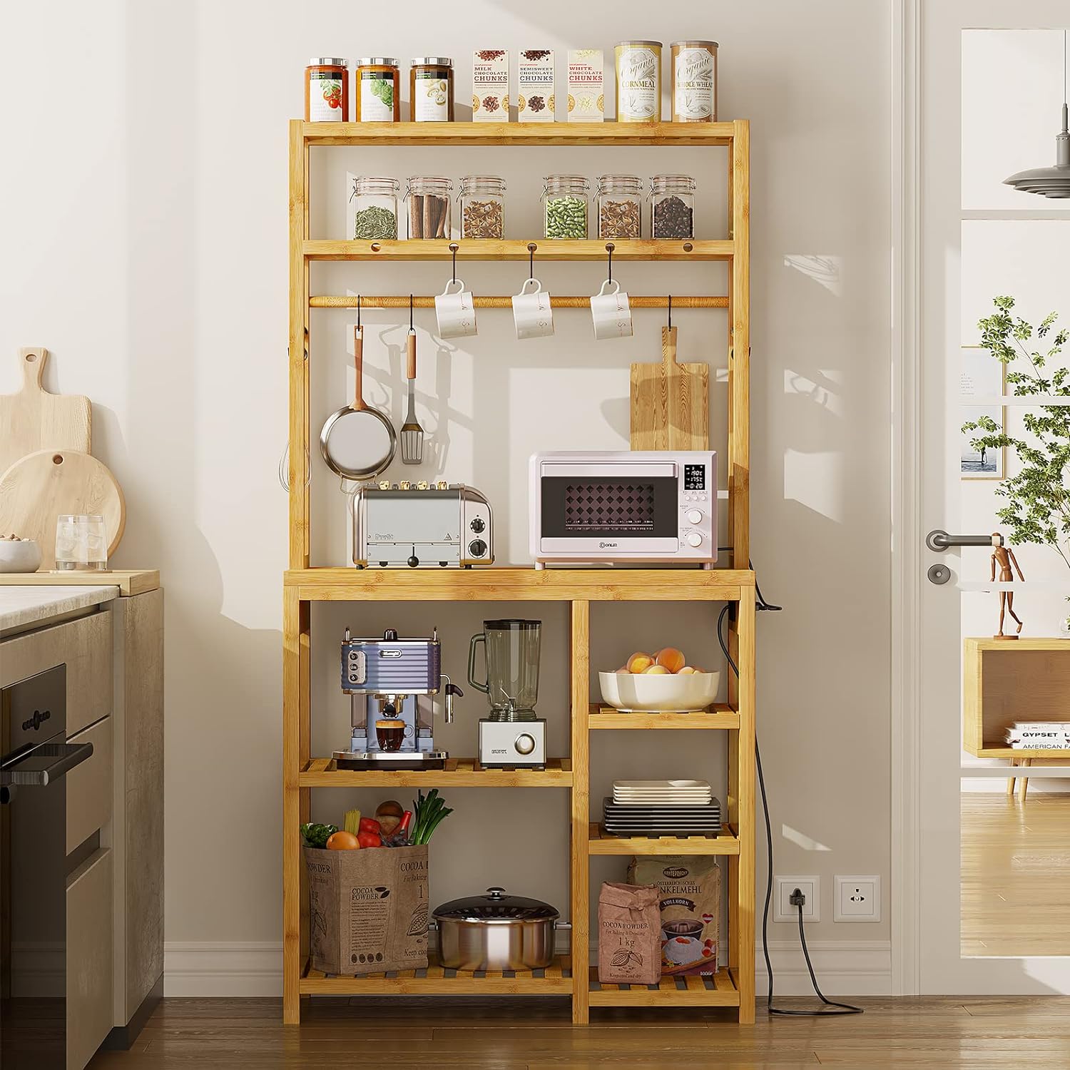 7-in-1 Bamboo Kitchen Rack: Power Outlets, Utility Storage, Standing Table