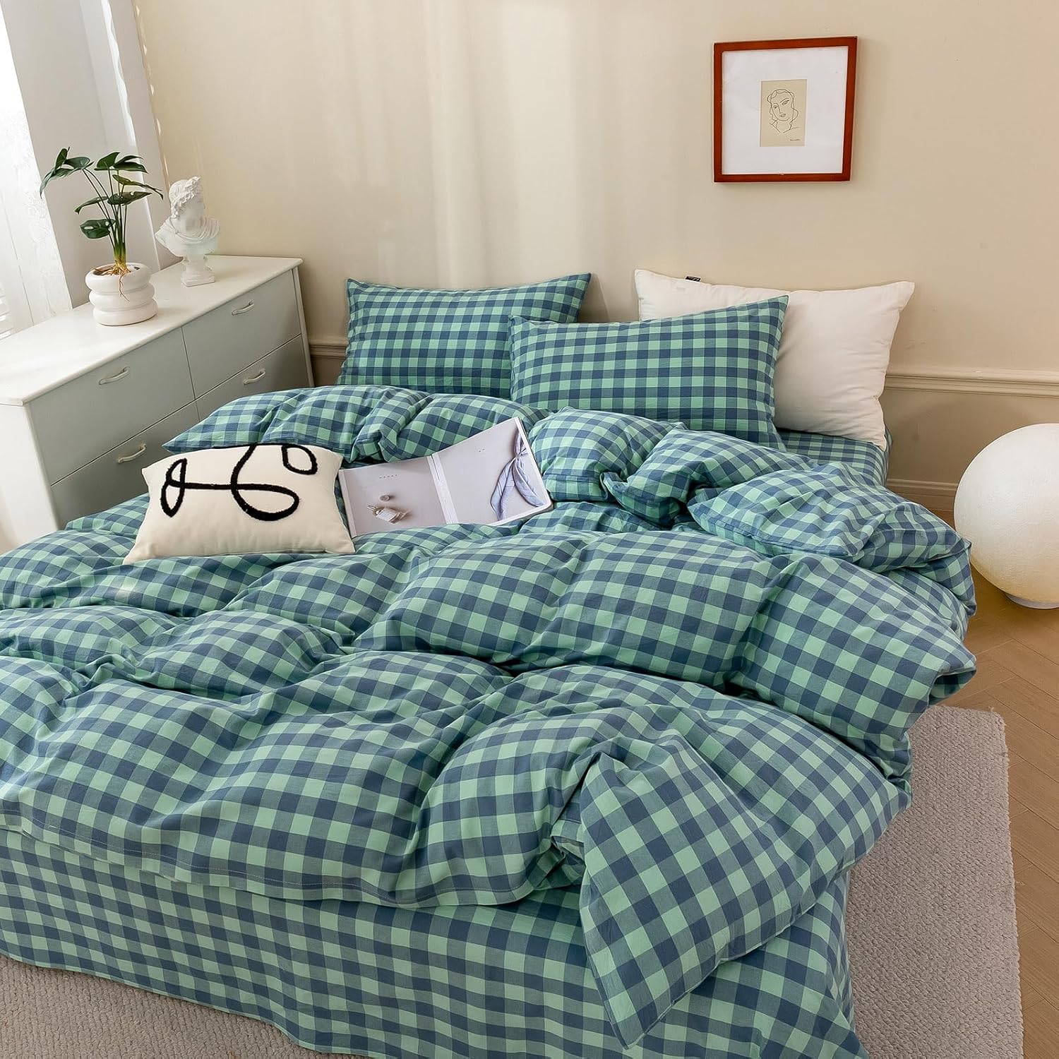 VM VOUGEMARKET Green Plaid Bedding Set Queen for Cozy Comfort