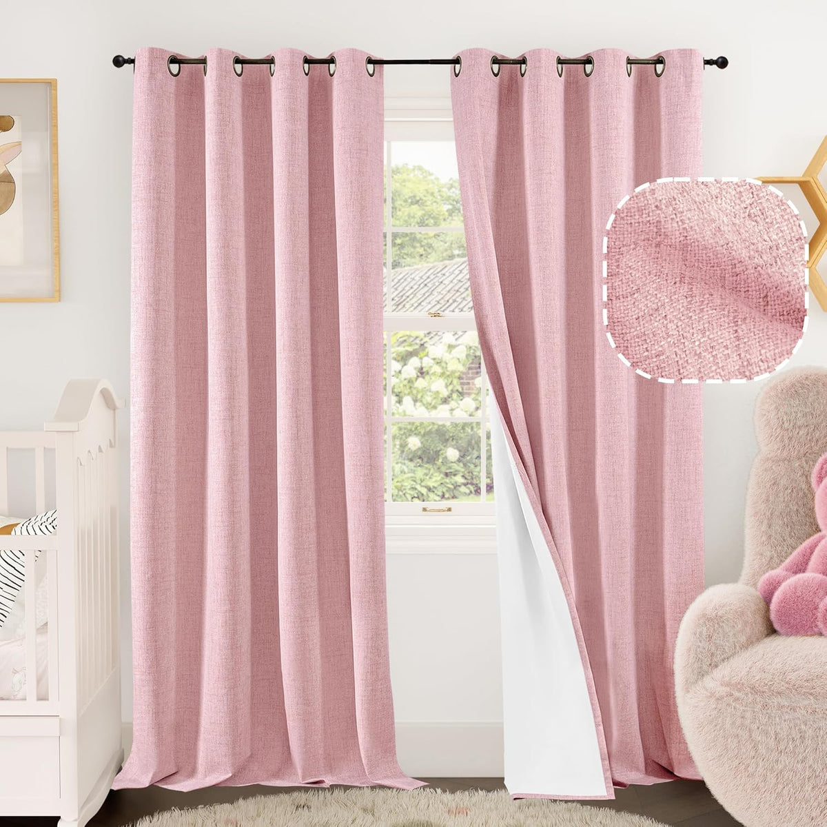 Baby Pink Linen Blackout Curtains for Nursery 84 Inch Length