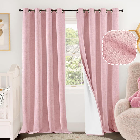 Baby Pink Linen Blackout Curtains for Nursery 84 Inch Length