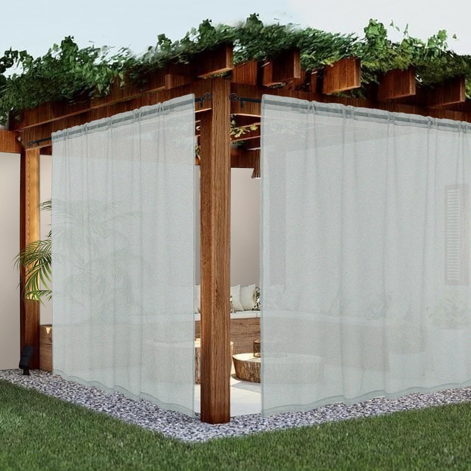 Sheer Outdoor Curtains for Patio Waterproof 2 Panels Grey