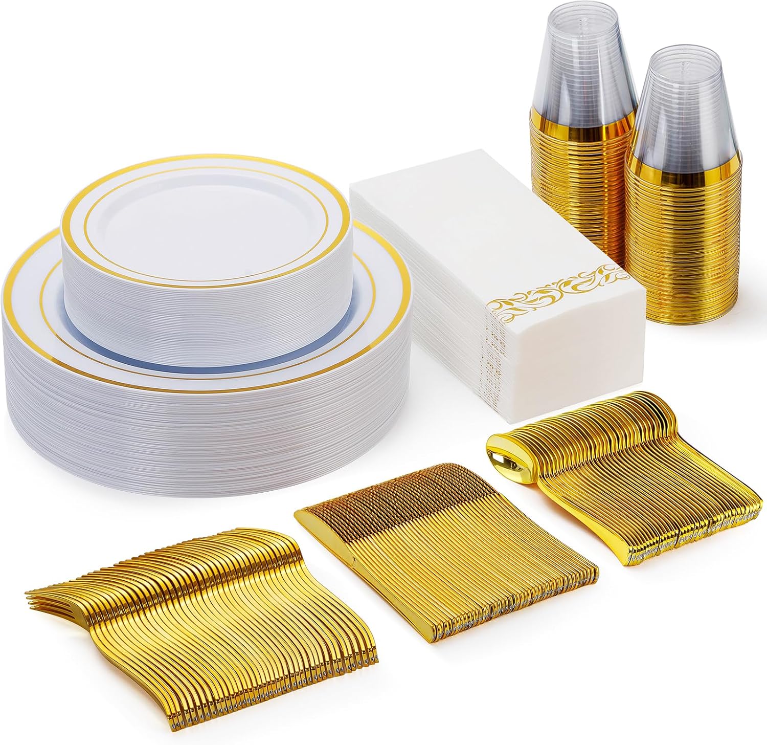175 Piece Gold Dinnerware Set for 25 Guests - Elegant Plastic Plates