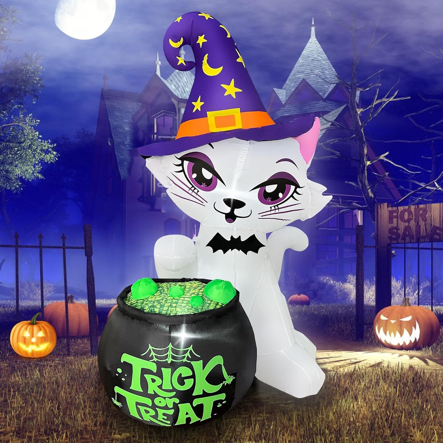 5Ft Halloween Inflatables Cat with Witch Cauldron for Yard