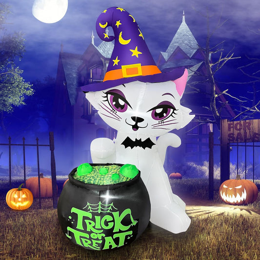 5Ft Halloween Inflatables Cat with Witch Cauldron for Yard