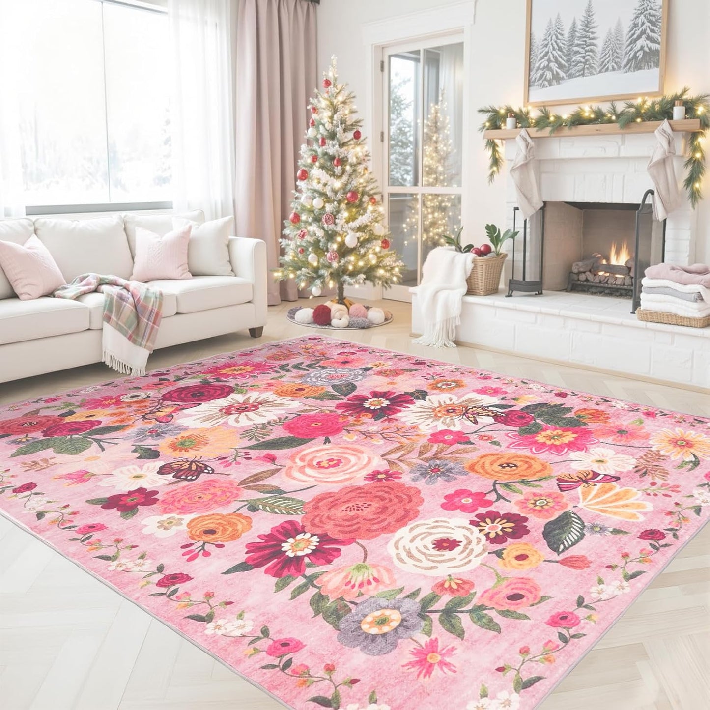 Pink Living Room Rugs 5x8 for Girls Bedroom Boho Style