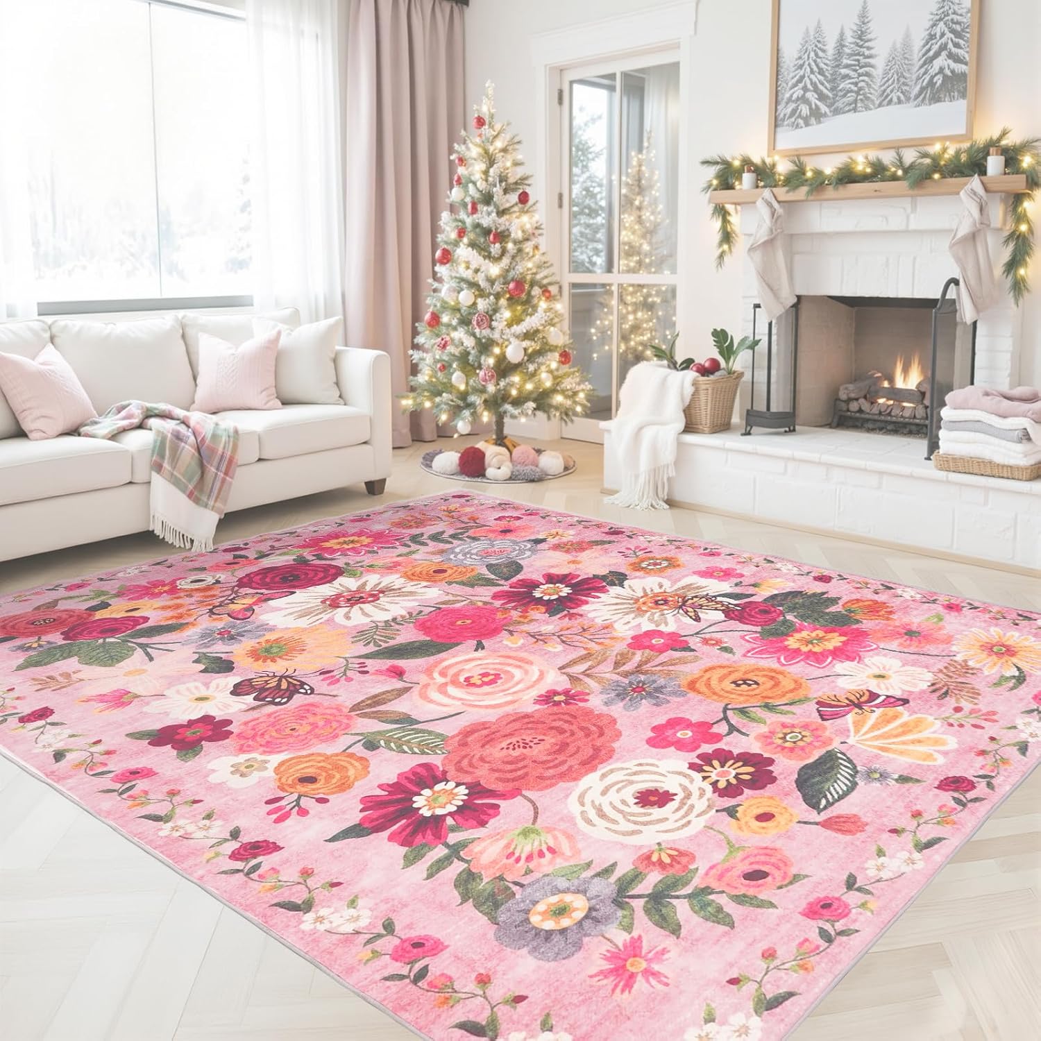 Pink Living Room Rugs 5x8 for Girls Bedroom Boho Style