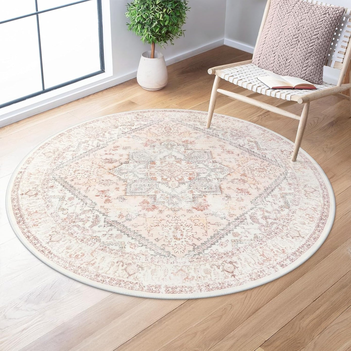 LIVEBOX Pink Round Rug 4ft - Vintage Floral Carpet for Home