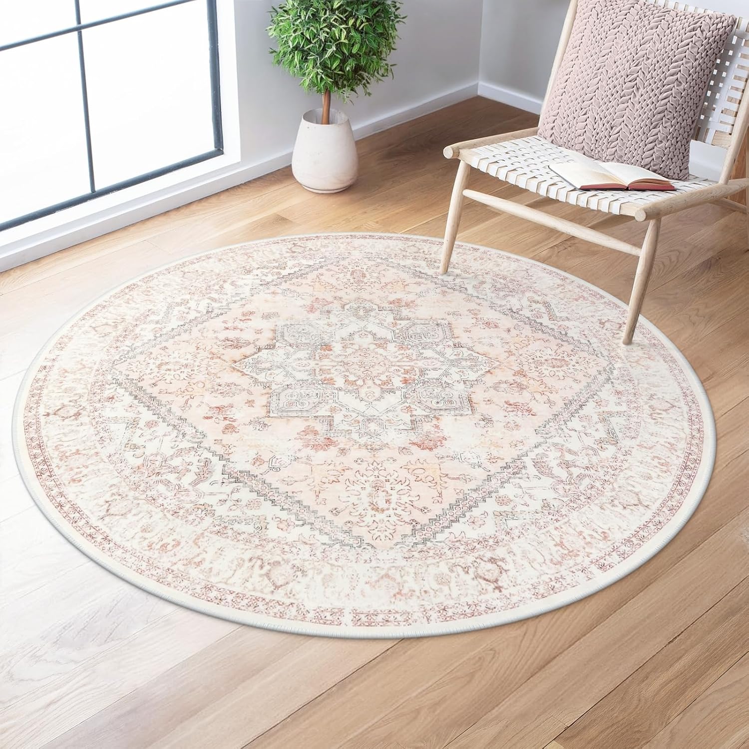 LIVEBOX Pink Round Rug 4ft - Vintage Floral Carpet for Home