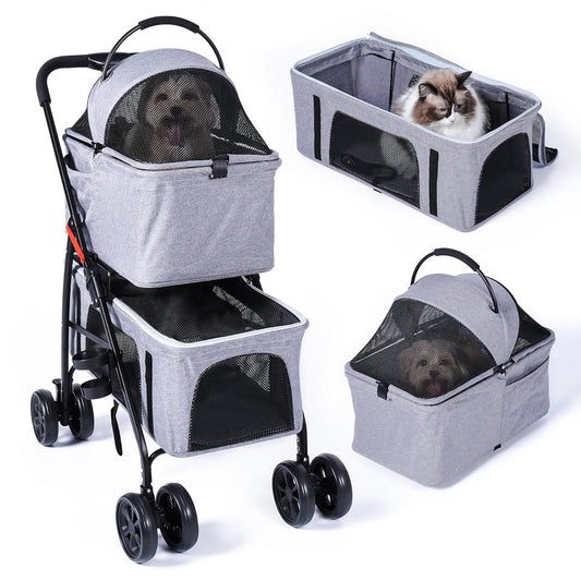 Double Pet Stroller for Dogs & Cats - One-Hand Folding Carrier