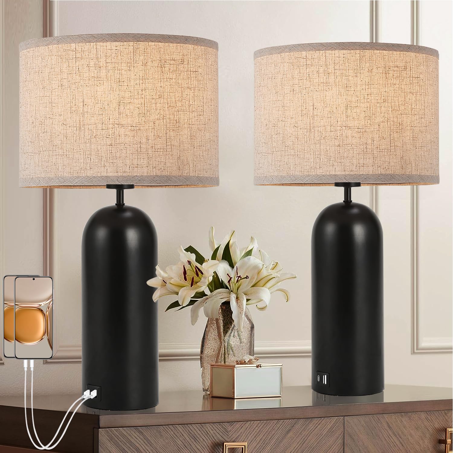 Touch Control Table Lamps Set of 2 with USB Ports for Bedrooms