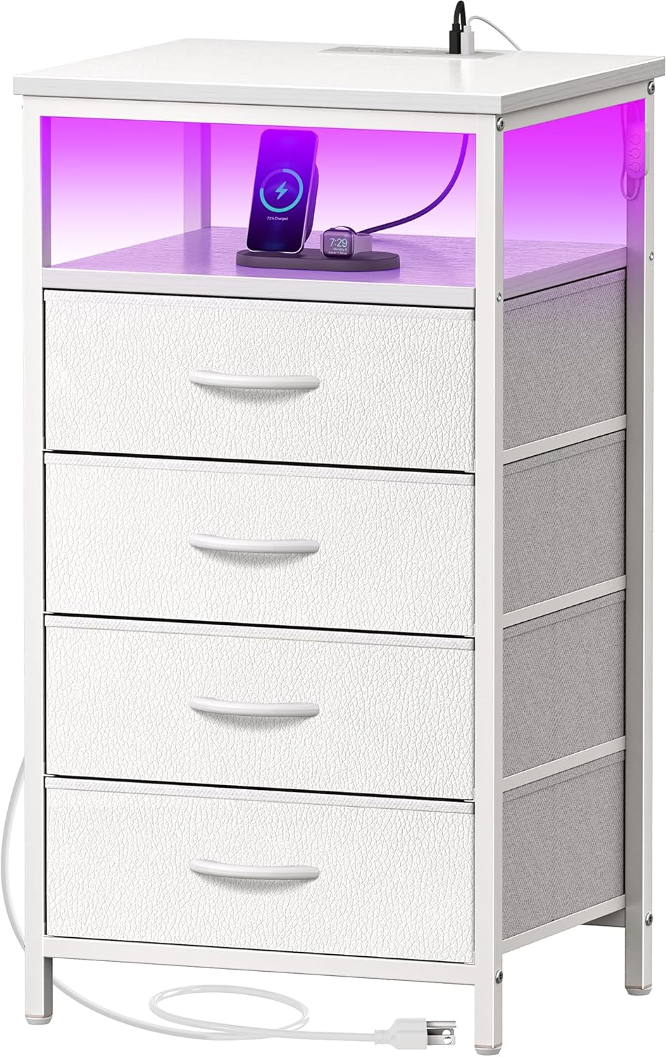 Modern Nightstand with Charger Station and LED Lights for Bedroom