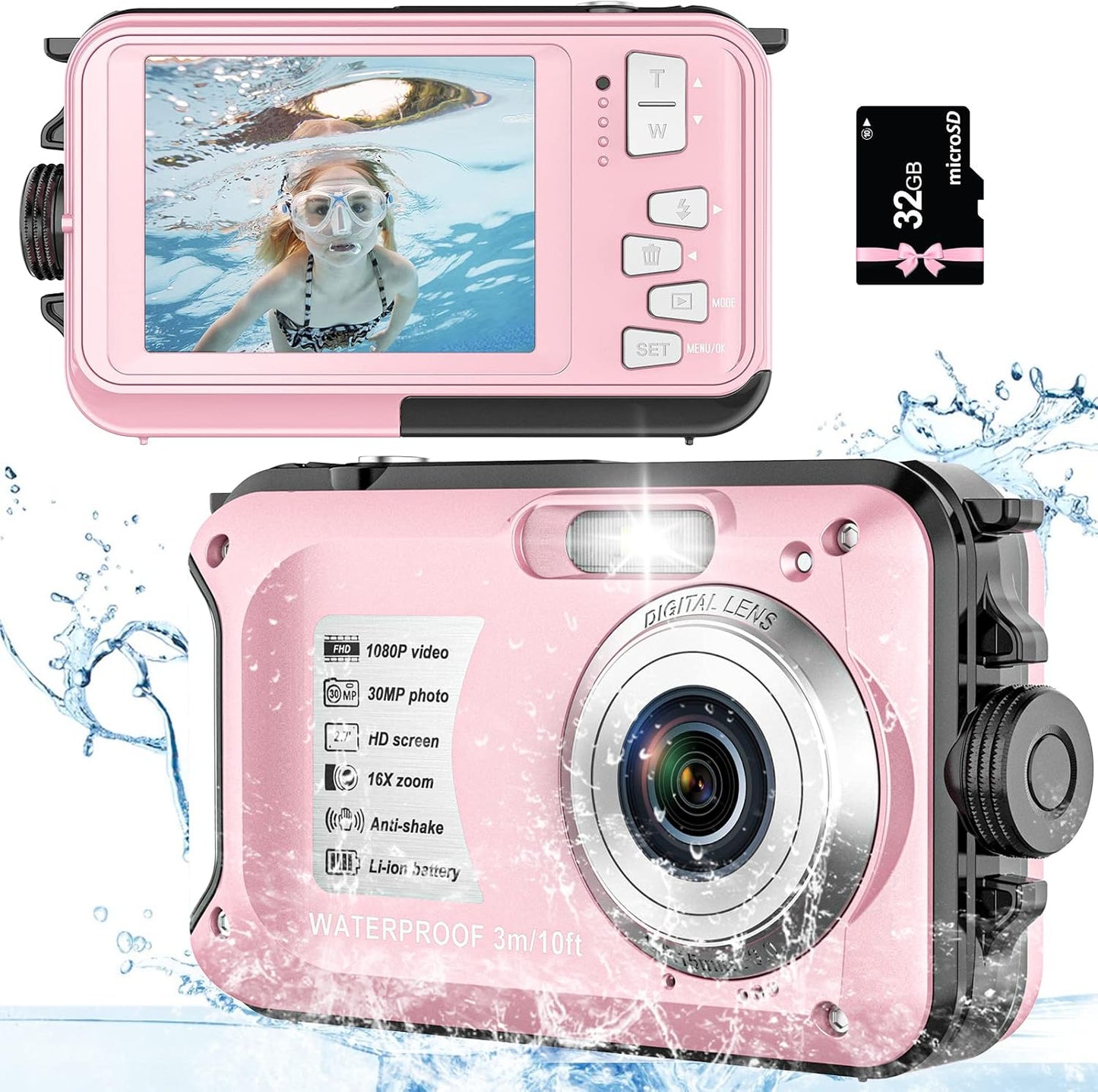 Yifecial 30MP Underwater Camera - 10FT Waterproof, 1080P, 16X Zoom, 32GB Card