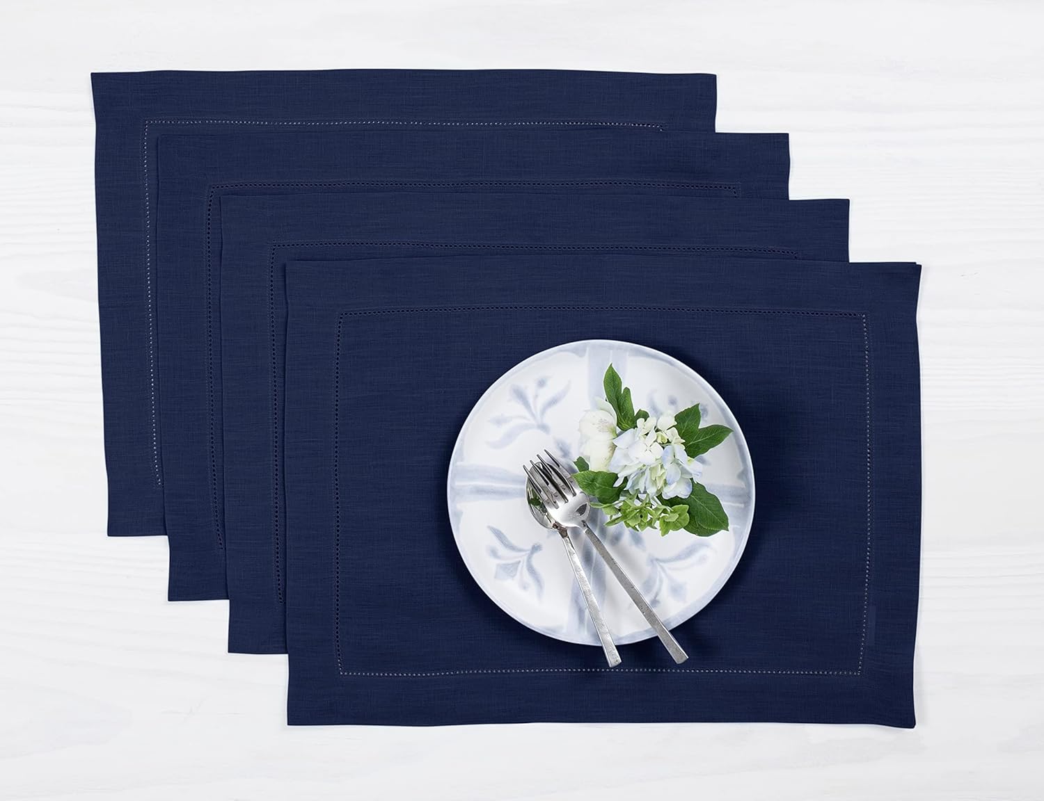 Classic Hemstitch Navy Blue Linen Placemats Set of 4 for Holidays