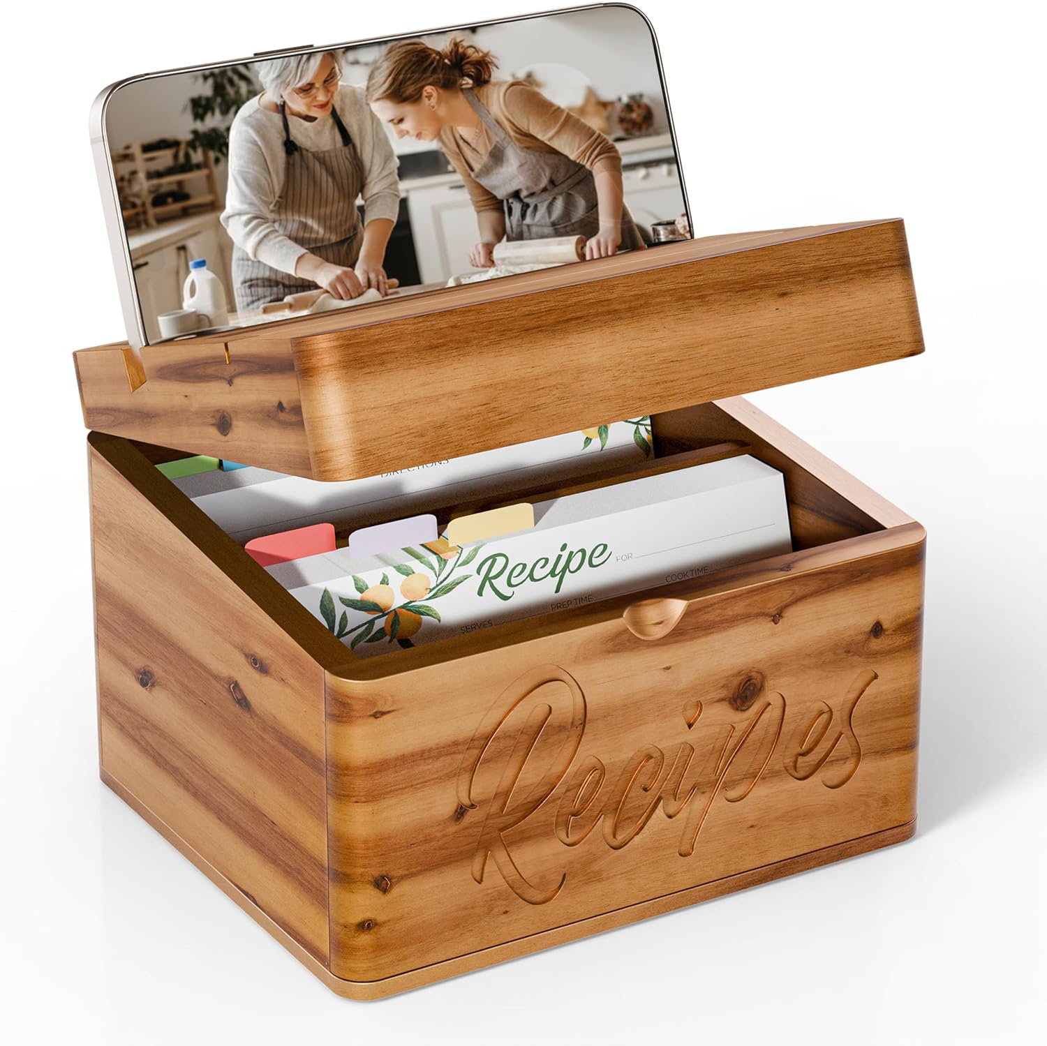 Acacia Recipe Box with Cards - Elegant Wooden Organizer for Kitchen