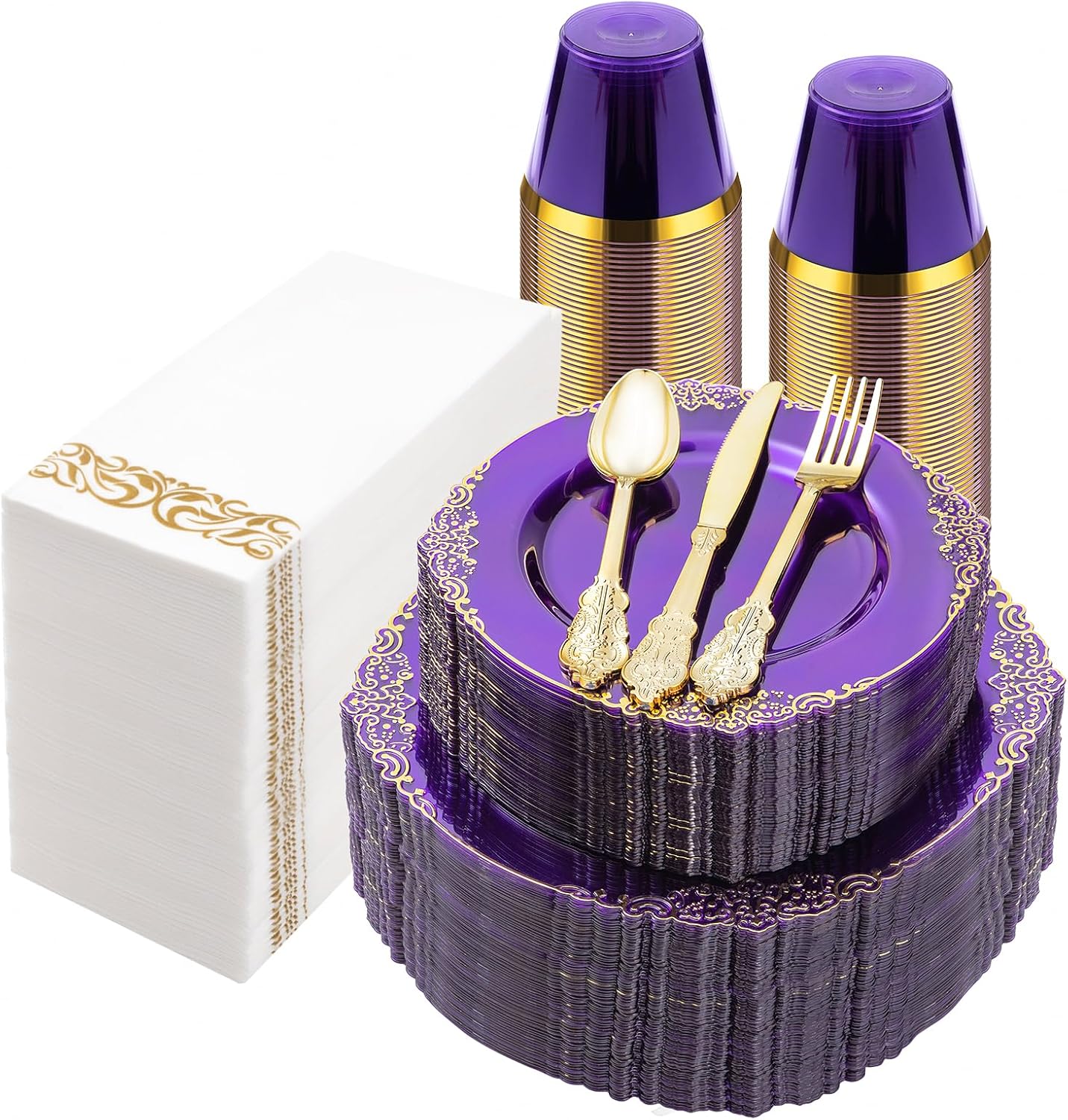 350PCS Clear Purple Plastic Party Set - Elegant & Complete!