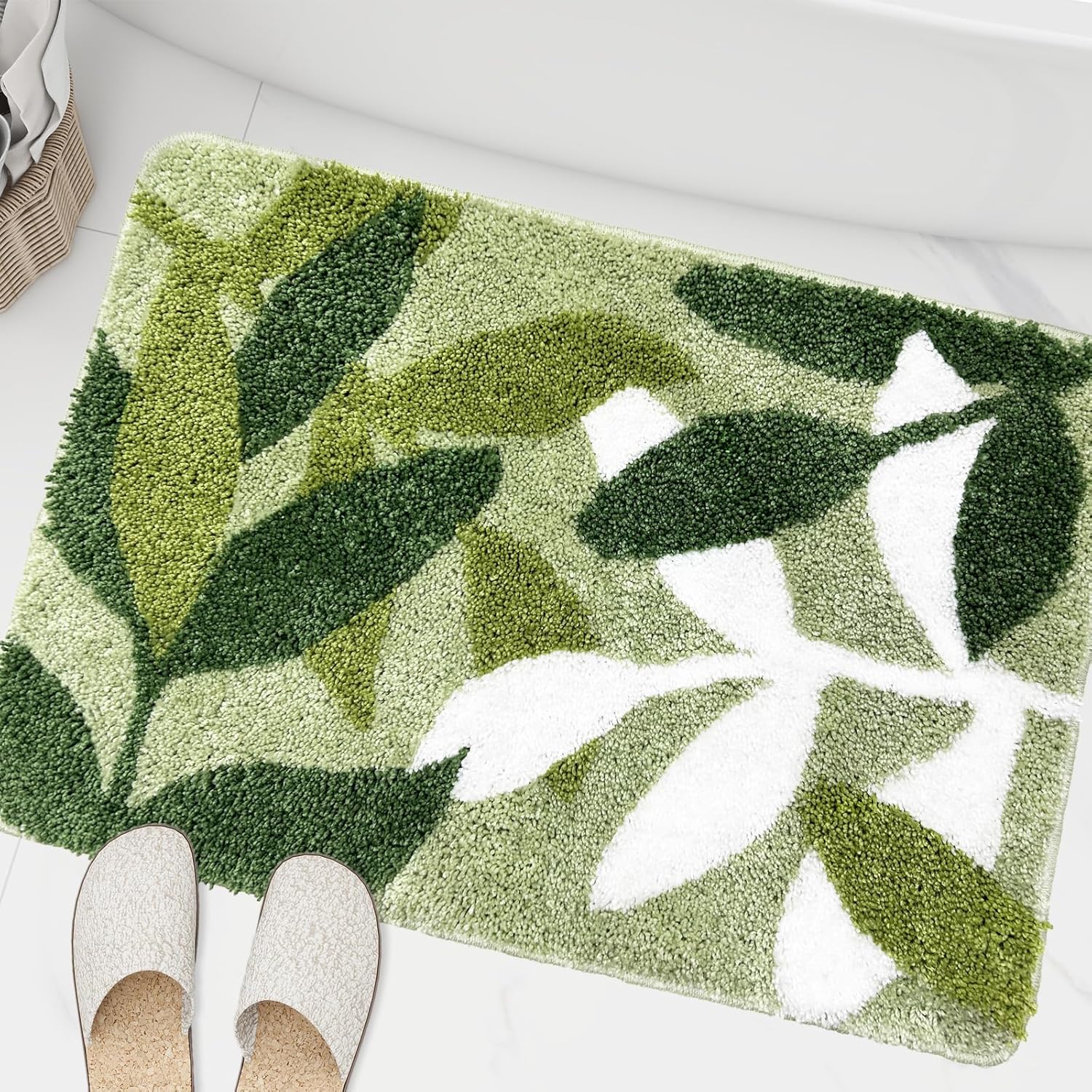 ZebraSmile Sage Bathroom Rugs with Green Leaves Design for Comfort