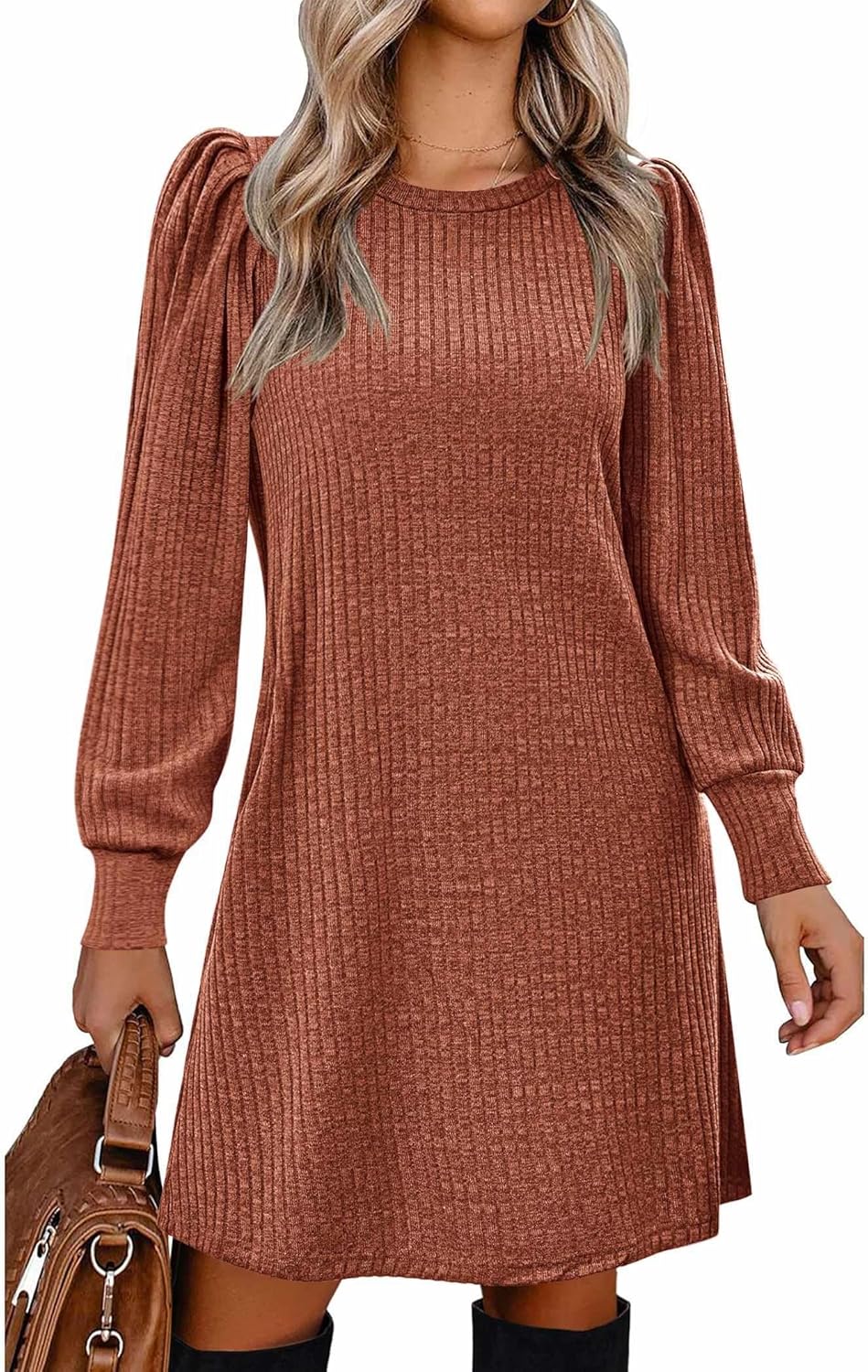 Stylish Women's Knit Dress with Puff Sleeves for Fall & Winter