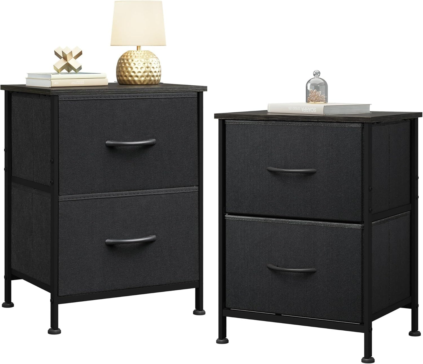WLIVE Black Nightstand Set of 2 with Fabric Drawers for Storage