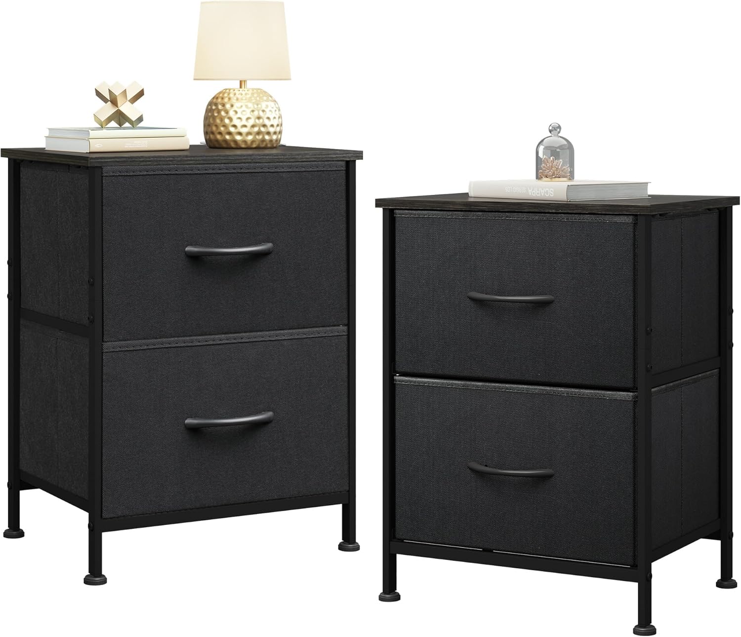 WLIVE Black Nightstand Set of 2 with Fabric Drawers for Storage