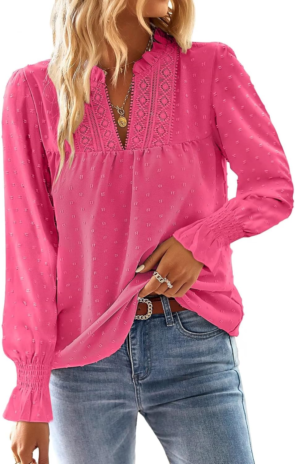 Boho Tops for Women V Neck Blouses Flowy Swiss Dot Style