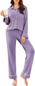 Ekouaer Womens Ribbed Knit Pajama Set - Soft Long Sleeve 2-Piece high