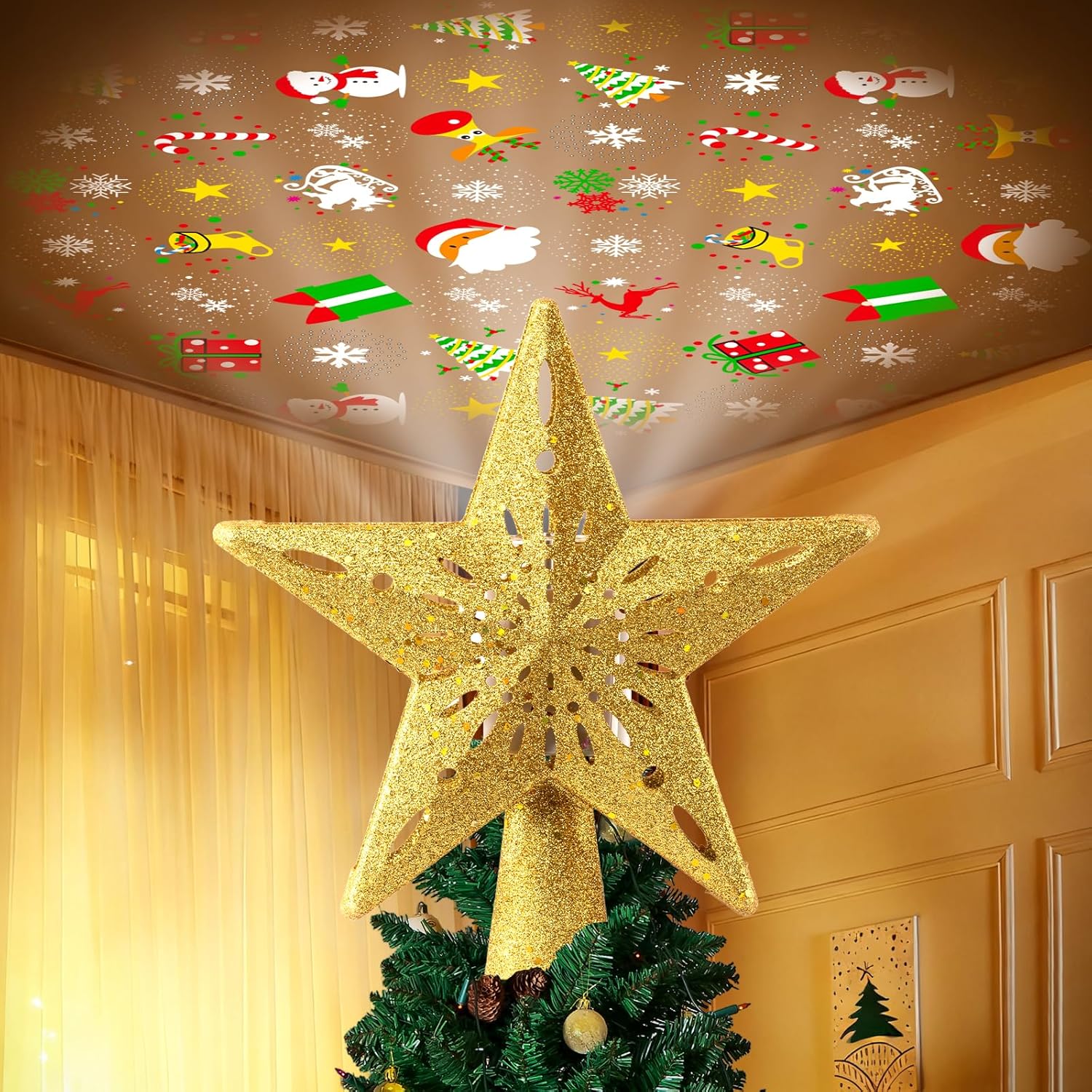 Christmas Tree Topper Lighted with 6 Patterns Projector for Holiday