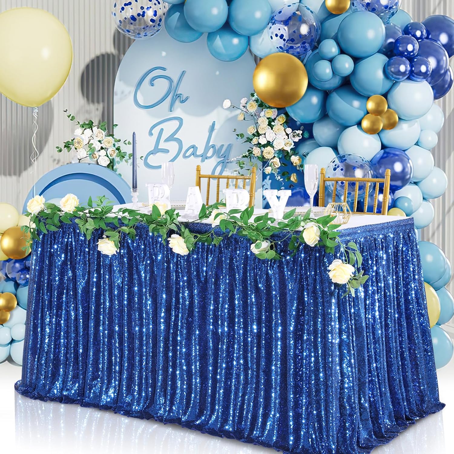 14ft Royal Blue Sequin Table Skirt for Sparkling Events